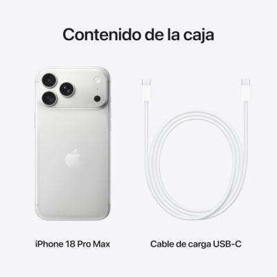 iPhone 18 Pro Max prata com três câmaras e cabo de carga USB-C branco