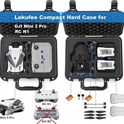 Estojo rígido preto Lekufee aberto com drone DJI Mini 3 Pro, comando RC N1, baterias e acessórios organizados interiormente.