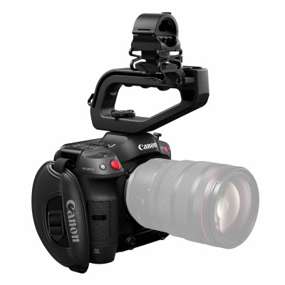 Câmara digital Canon preta com suporte de microfone preto na parte superior