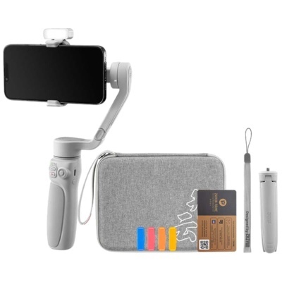 Estabilizador de smartphone branco com bolsa cinzenta e acessórios