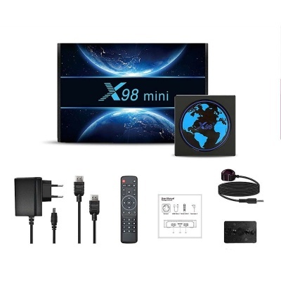 Kit TV Box X98 mini com acessórios em fundo branco