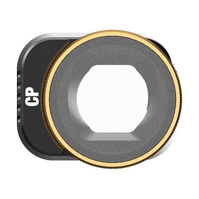 Filtro de lente cinzento com aro dourado e letras CP em branco