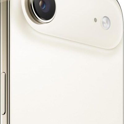 Smartphone branco Apple com câmera traseira e bordas douradas