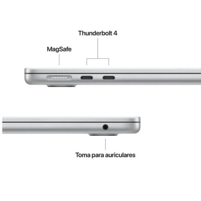 Laptop prateado com portas MagSafe, Thunderbolt 4 e toma para auriculares