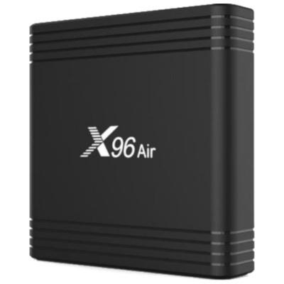 Dispositivo preto quadrado X96 Air com linhas horizontais nas bordas