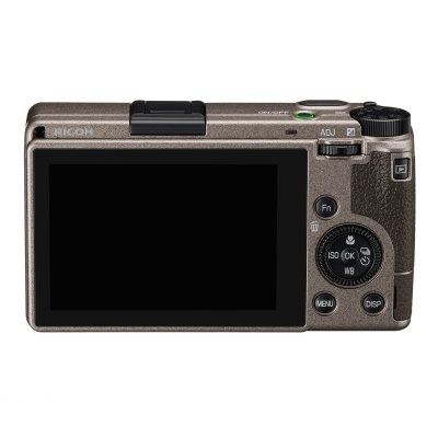 Câmara digital Ricoh cinza vista de trás com ecrã e botões