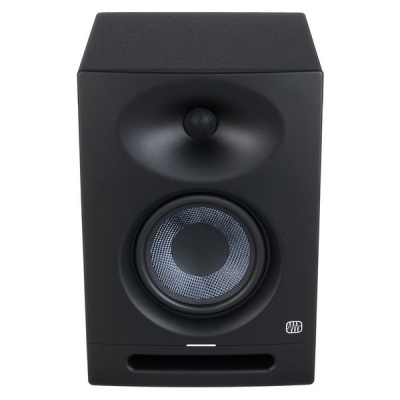 Coluna de som preta com malha azul clara na coluna e logo AUDIO