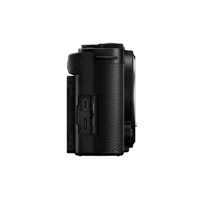 Câmara fotográfica preta vista de lado com portas USB-C e HDMI