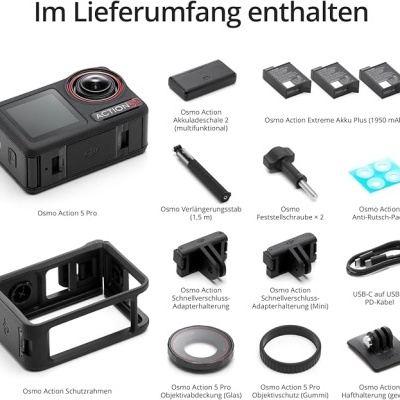 Câmara de ação preta Osmo Action 5 Pro com acessórios variados em fundo branco