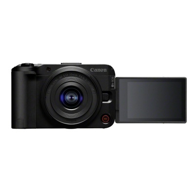 Câmara fotográfica digital Canon preta com visor articulado aberto