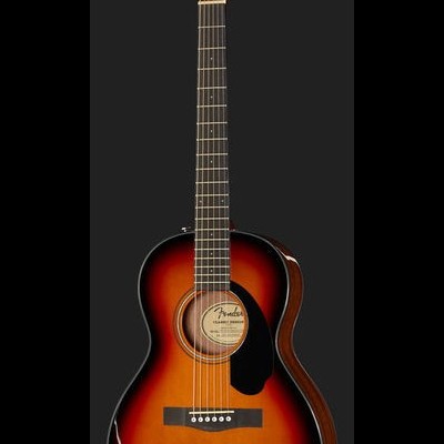 Guitarra acústica Fender sunburst com texto no roseta