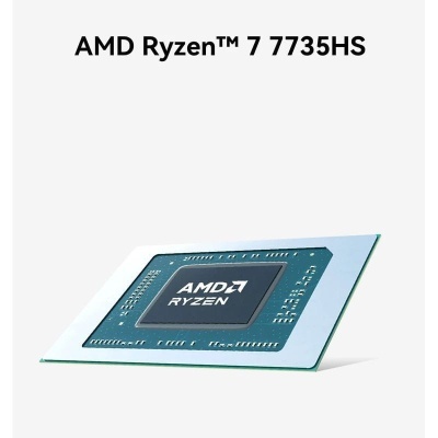 Chip AMD Ryzen 7 7735HS sobre fundo branco com texto destacado