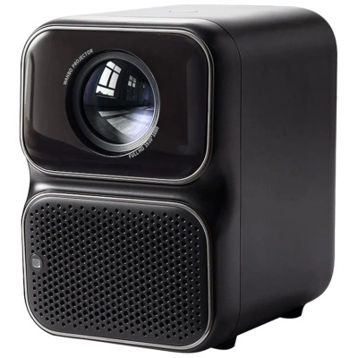 Projetor portátil preto com lente circular e grelha de som frontal