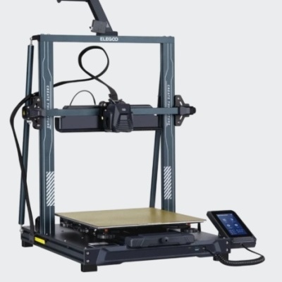 Impressora 3D Elegoo cinza escuro com mesa dourada e ecrã táctil