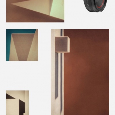 Fotografias arquitetónicas geométricas com texto e lente preta