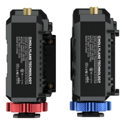 Dispositivos eletrónicos pretos com ajustes vermelhos e azuis e texto técnico branco