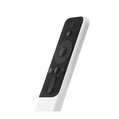 Comando remoto branco e preto com botões circulares e ovais