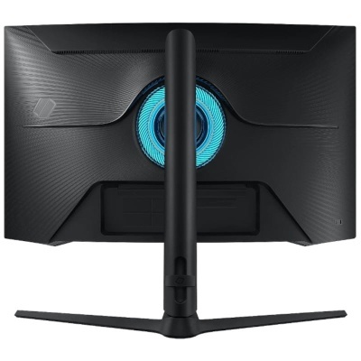 Monitor curvo preto visto de trás com anel azul luminoso e suporte vertical