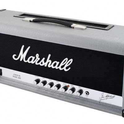 Cabeça de amplificador Marshall cinza com painel preto e logo branco