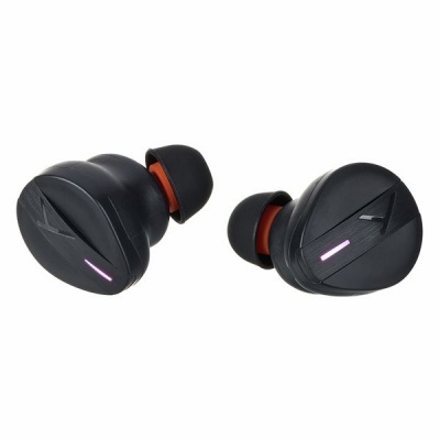 Auriculares intra-auriculares sem fios pretos com detalhes laranja e luz LED