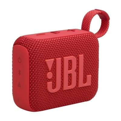 Coluna portátil vermelha JBL com tecido texturado e argola para transporte