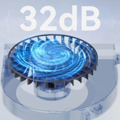 Turbina azul dentro de estrutura transparente com texto 32 dB