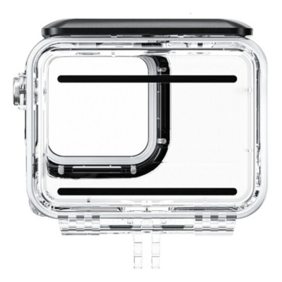 Caixa estanque transparente para câmara com detalhes pretos e fecho de encaixe