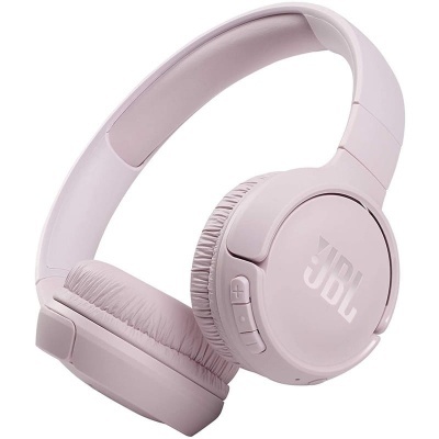 Auriculares sem fios JBL cor rosa claro com almofadas acolchoadas e controles integrados