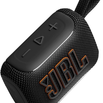 Coluna portátil JBL preta com botões de controlo e alça de tecido.