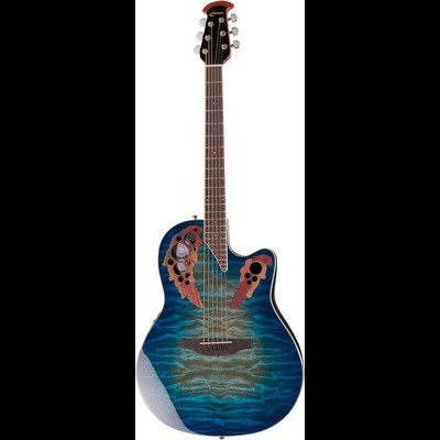 Guitarra acústica azul com detalhes vermelhos e braço castanho escuro
