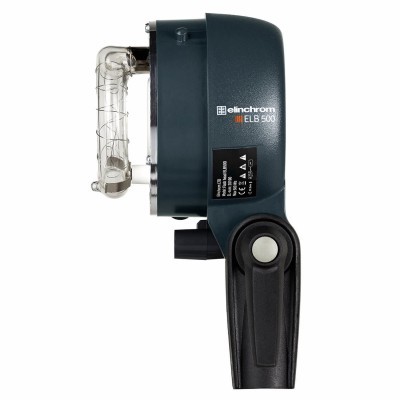 Flash de estúdio Elinchrom ELB 500 em preto e cinza escuro com lâmpada exposta