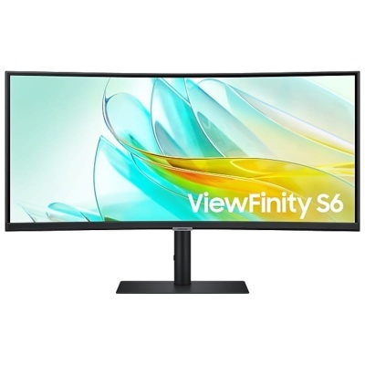 Monitor ultrawide panorâmico curvo ViewFinity S6 com estrutura preta e base retangular