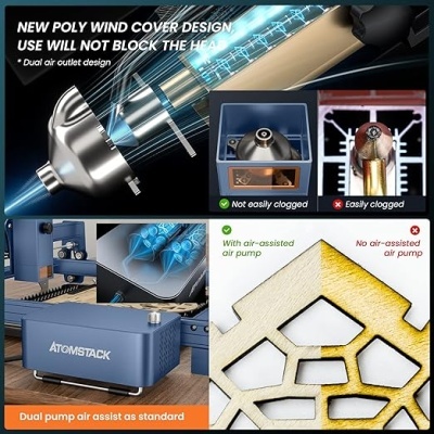 Peças mecânicas azuis e prata com design de saída de ar e bomba de ar assistida ATOMSTACK