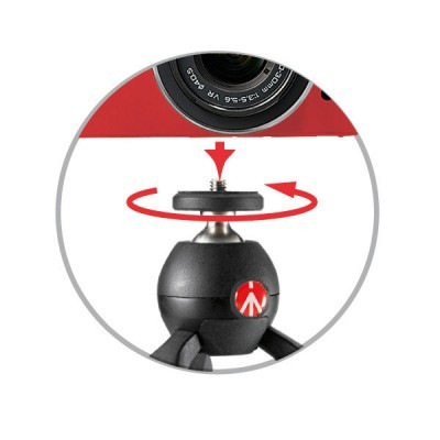 Tripé de mesa preto com câmara vermelha e lentes