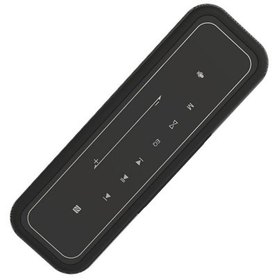 Coluna portátil preta com botões táteis brancos e ícone NFC