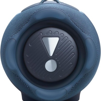 Coluna portátil azul com símbolo de exclamação na base