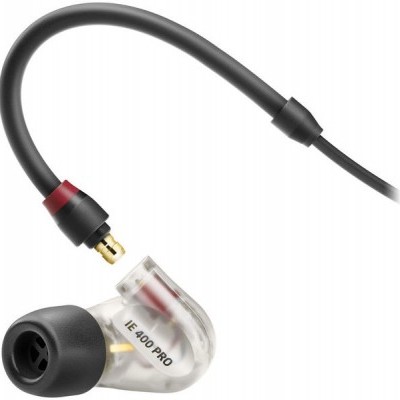 Auricular intra-auricular transparente com cabo preto e texto IE 400 PRO