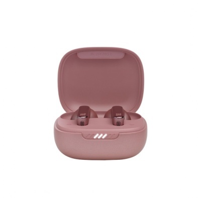 Auriculares wireless rosa com estojo de carregamento aberto