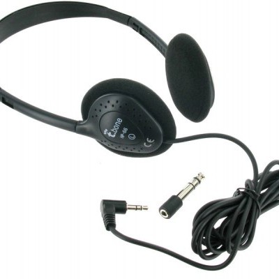 Auricular de telefone preto com diadema ajustável e cabo com fichas de áudio