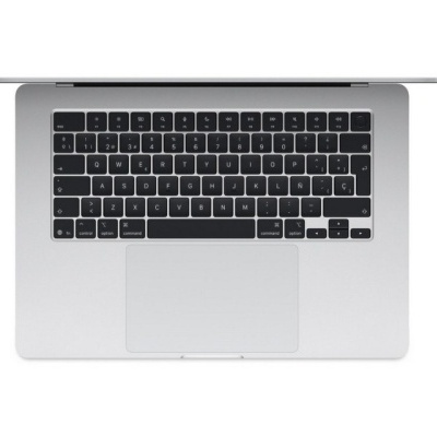 Computador portátil prateado com teclado preto e letras brancas QWERTY