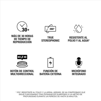 Ícones com texto descritivo em espanhol sobre características de produto eletrônico