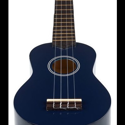 Ukulele azul escuro com quatro cordas e detalhes em marrom e branco