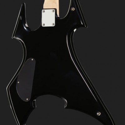 Parte traseira de guitarra elétrica negra de design pontiagudo