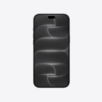 Smartphone preto com ecrã frontal ligado a exibir padrão geométrico
