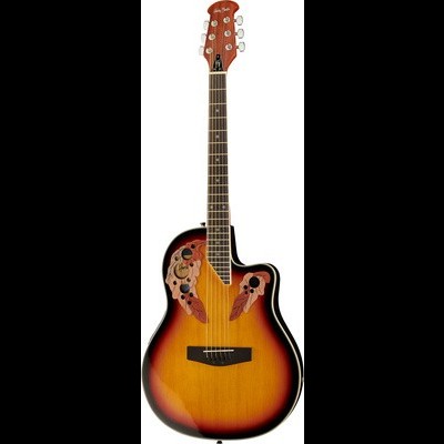 Guitarra acústica sunburst com corte e detalhes decorativos irregulares no tampo