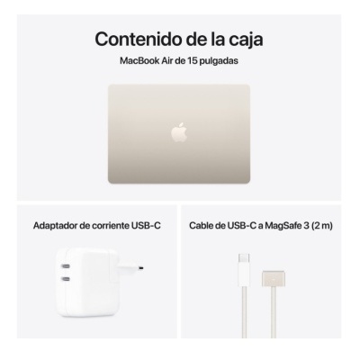 MacBook Air dourado, adaptador USB-C e cabo MagSafe 3 em fundo branco