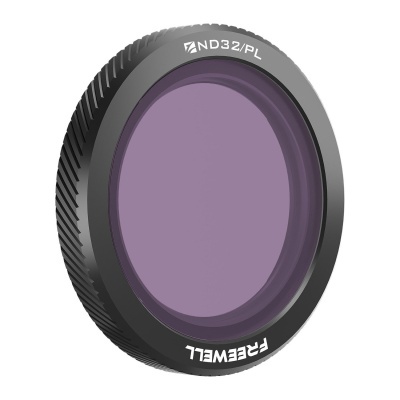 Filtro de lente redondo preto com vidro roxo e texto branco