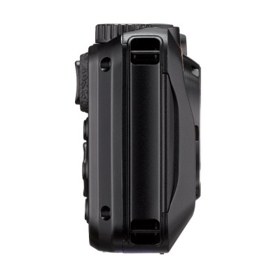 Câmera fotográfica digital preta vista de lado com botões visíveis