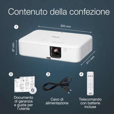 Projetor branco Epson com acessórios e documento de garantia