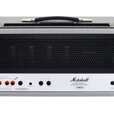 Cabeça de amplificador Marshall preto e branco com conectores e texto visível
